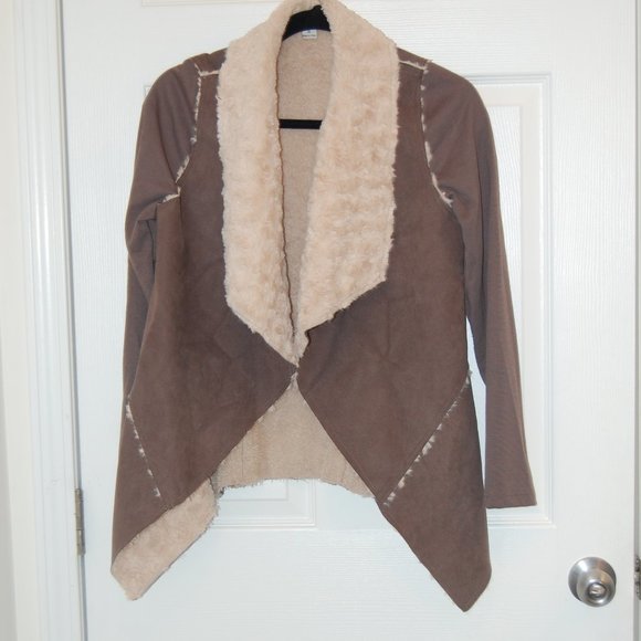 Favluv Fashion Women's Beige W/ Shearling Like Collar & Lining Open Coat Size S - Picture 3 of 11